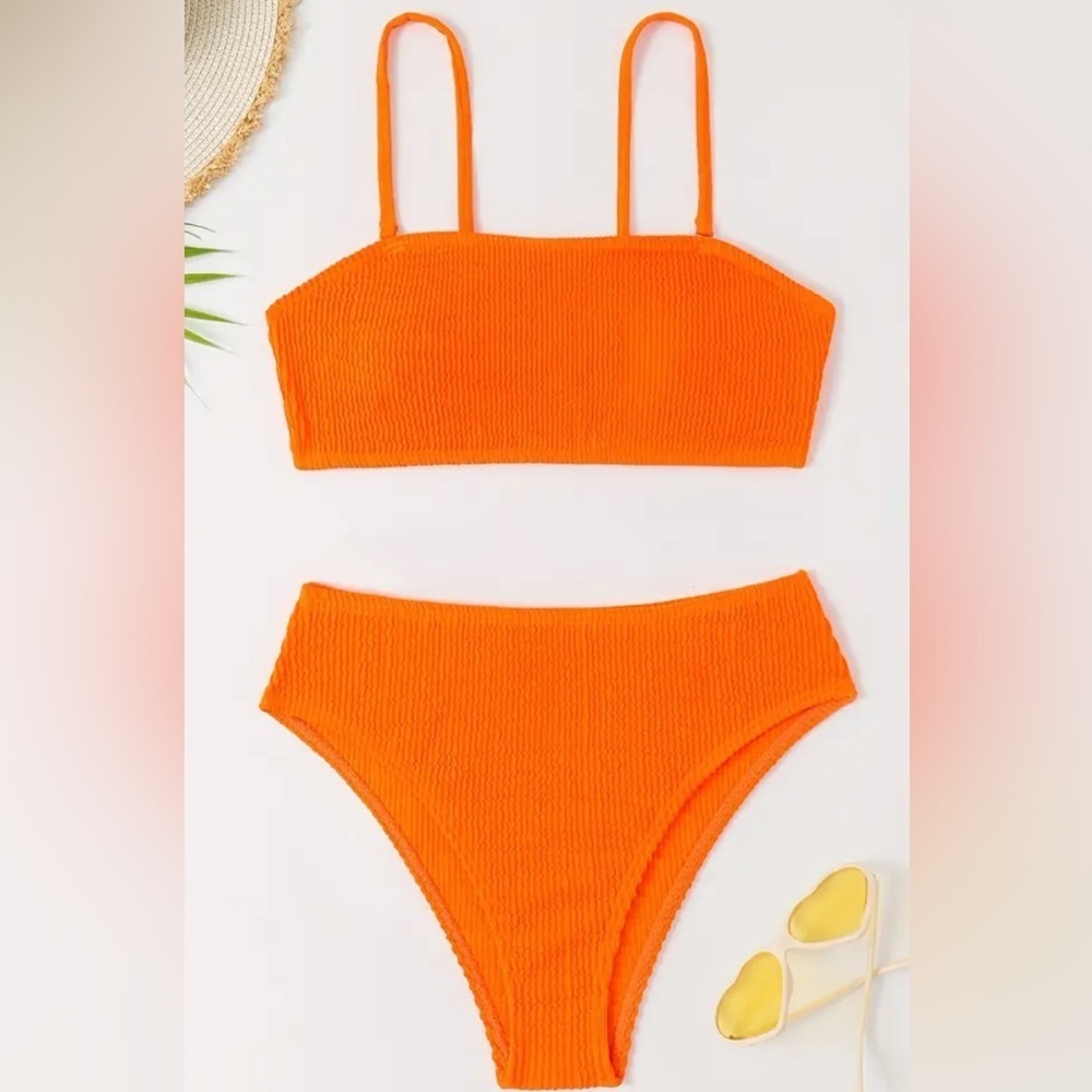 Orange Rib Knit Bandeau High Waist Bikini Set - Picture 3 of 9